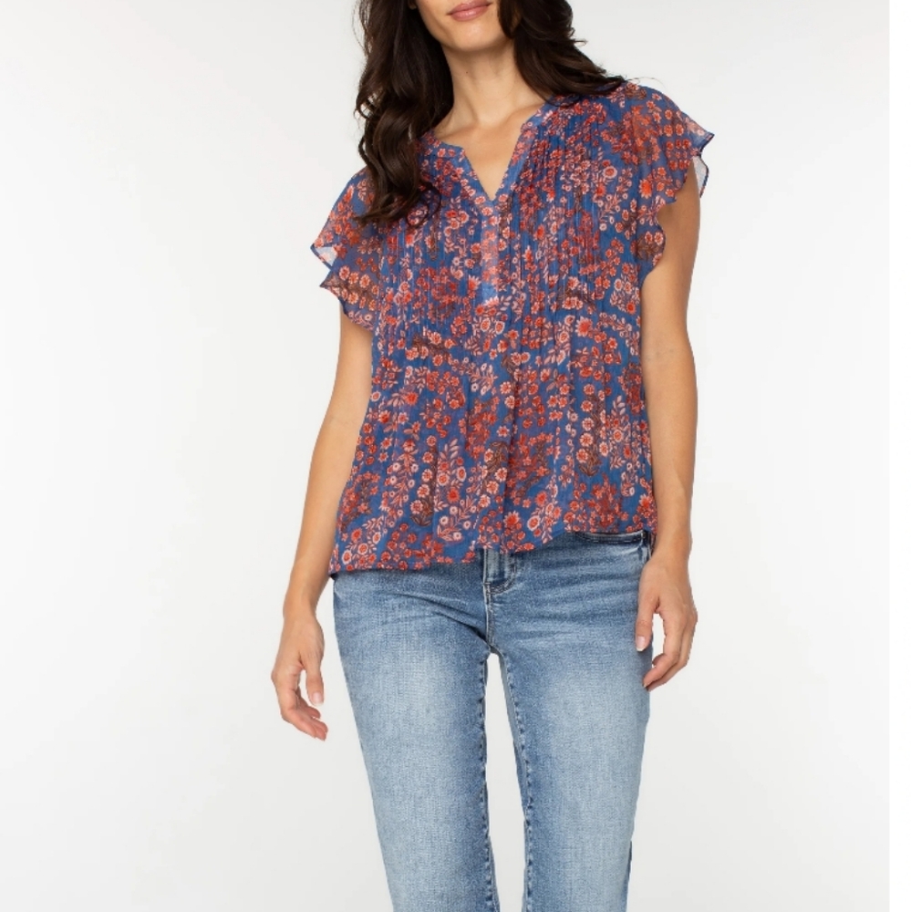 Liverpool Floral Blouse in Blue and Red